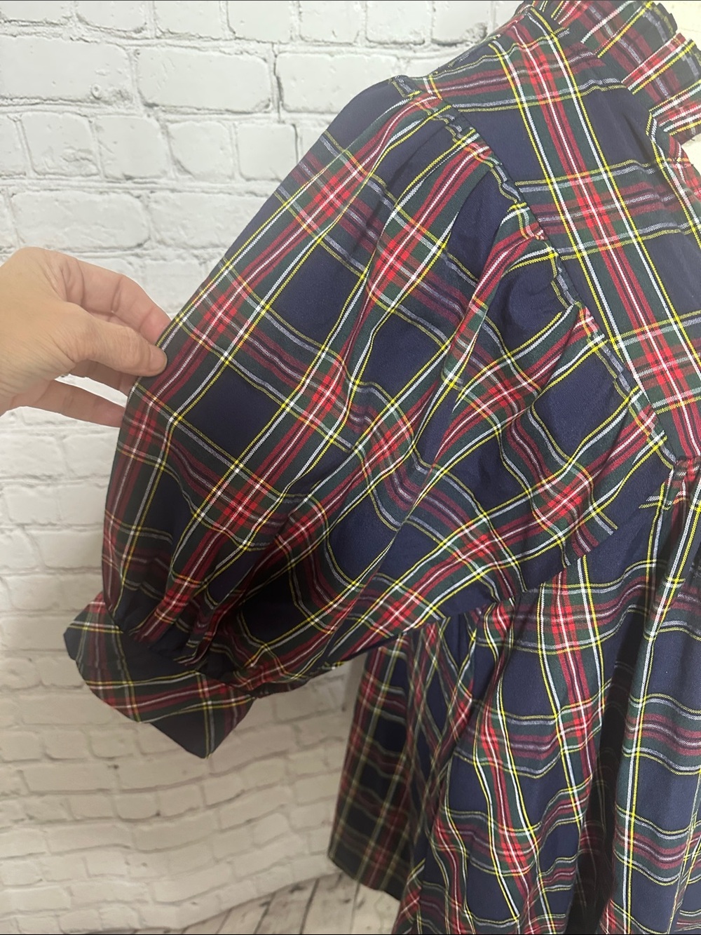 Entro Navy Plaid V Neck Puff Sleeve Babydoll Mini Dress S Small - Picture 5 of 10